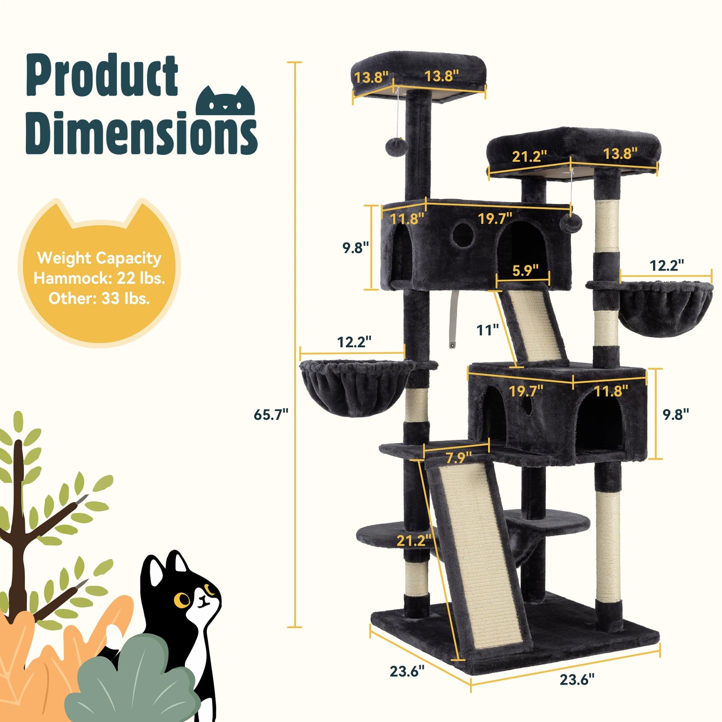 Hoomic 65 Inch Multi Level Large Cat Tree Tower Cozy Plush Cat Perches Cat Condo with Baskets Sisal Scratching Post