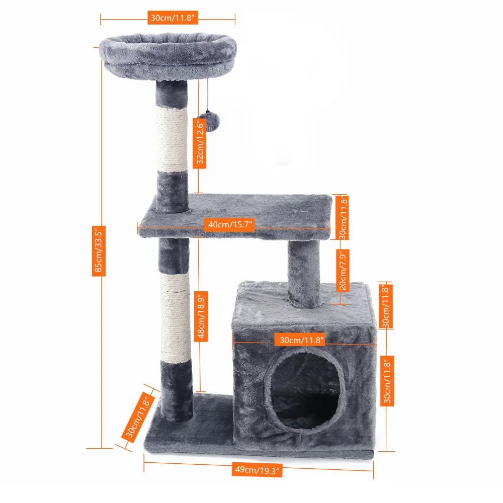 H228cm Cat Tree Toy Condo Multi-Layer Climbing Tower with Hammock Solid Wood Post for Cats