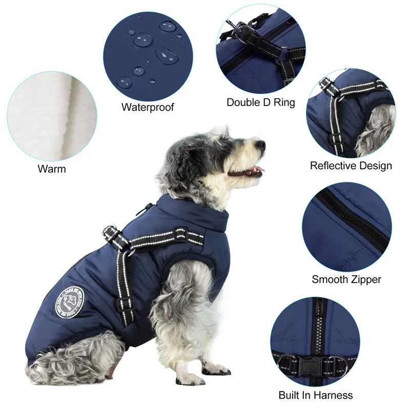 Winter Warm Dog Jacket Waterproof Pet Coat Fleece Harness Vest for Small and Large Dogs