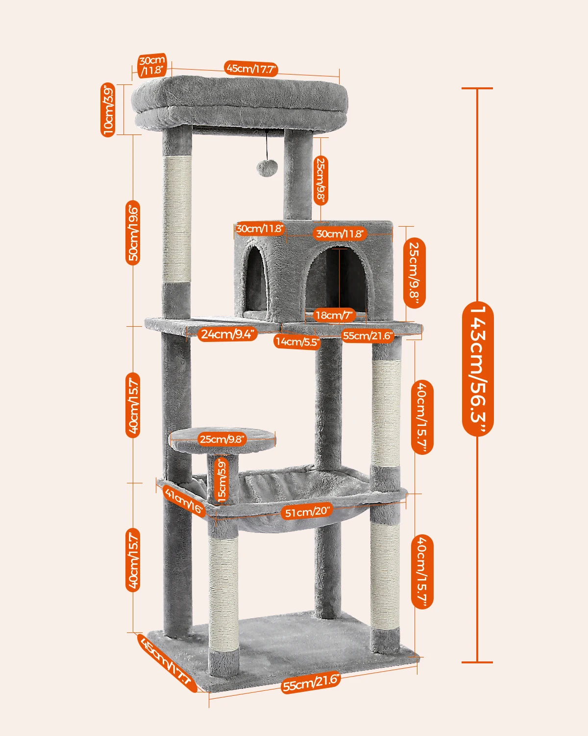 Cat Tree for Indoor Cats 5 Level Cat Tower with Large Hammock and Cozy Condo for Large Cats