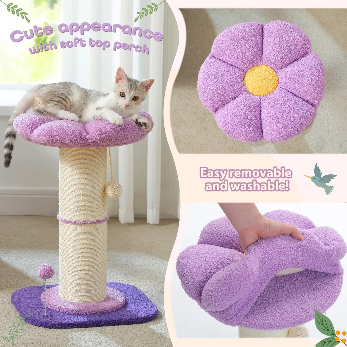 Flower Cat Scratching Post Small Cat Tree Tower Cat Scratcher Indoor Cats Super Thick Scratching Post Removable Cat Bed