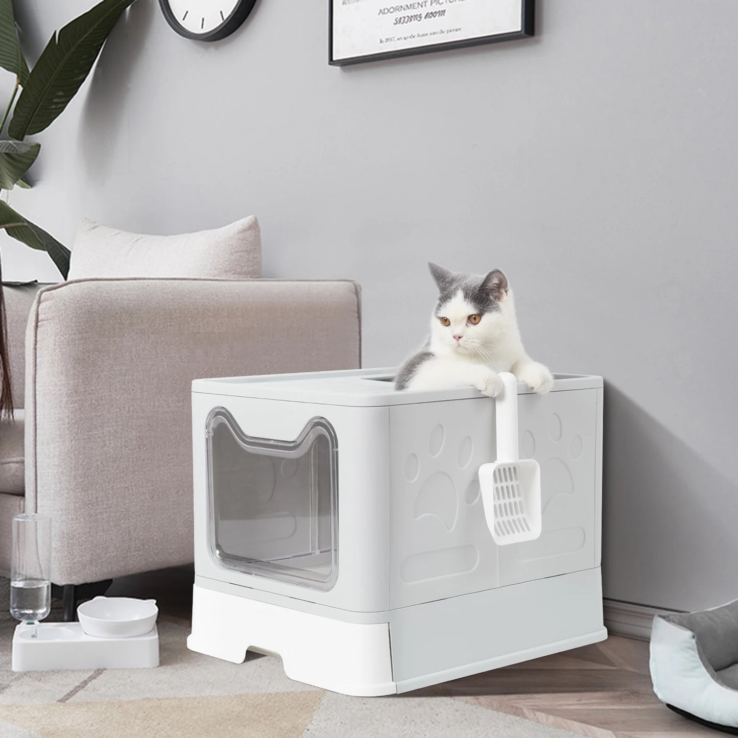 Bingopaw Cat Litter Box with Lid Enclosed Potty Large Top Entry Anti Splashing Toilet Easy to Clean with Litter Scoop