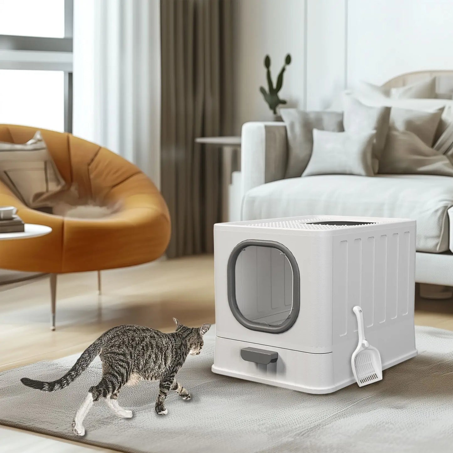 Bingopaw Cat Litter Box with Lid Enclosed Potty Large Top Entry Anti Splashing Toilet Easy to Clean with Litter Scoop