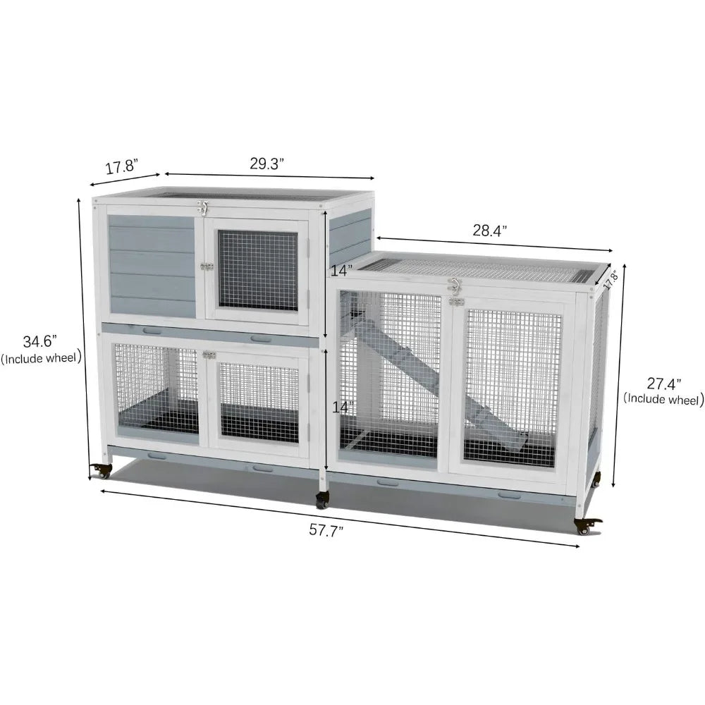 Two Floors 58" Wooden Indoor Bunny Hutch Rabbit Cage on Wheels Guinea Pig PET House for Small to Medium Animals Waterproof No L