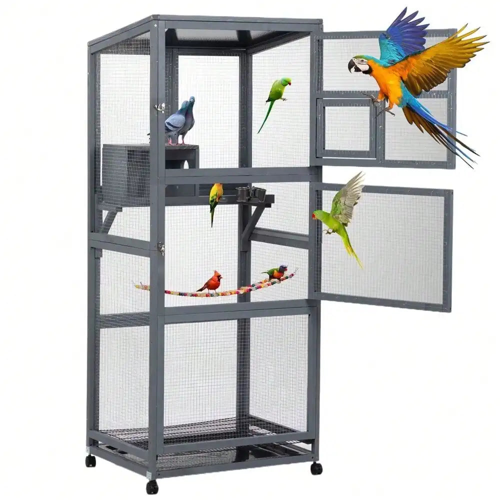 68 Inch Large Wood Bird Cage on Wheels Outdoor Aviary with Pull Out Tray