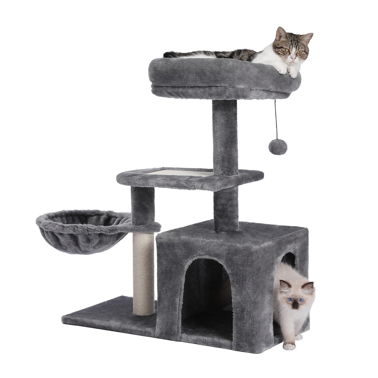 H228cm Cat Tree Toy Condo Multi-Layer Climbing Tower with Hammock Solid Wood Post for Cats