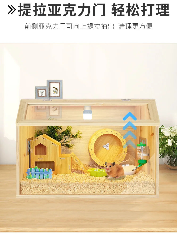 Wooden Hamster Cage Luxury Villa With Hideout Lock