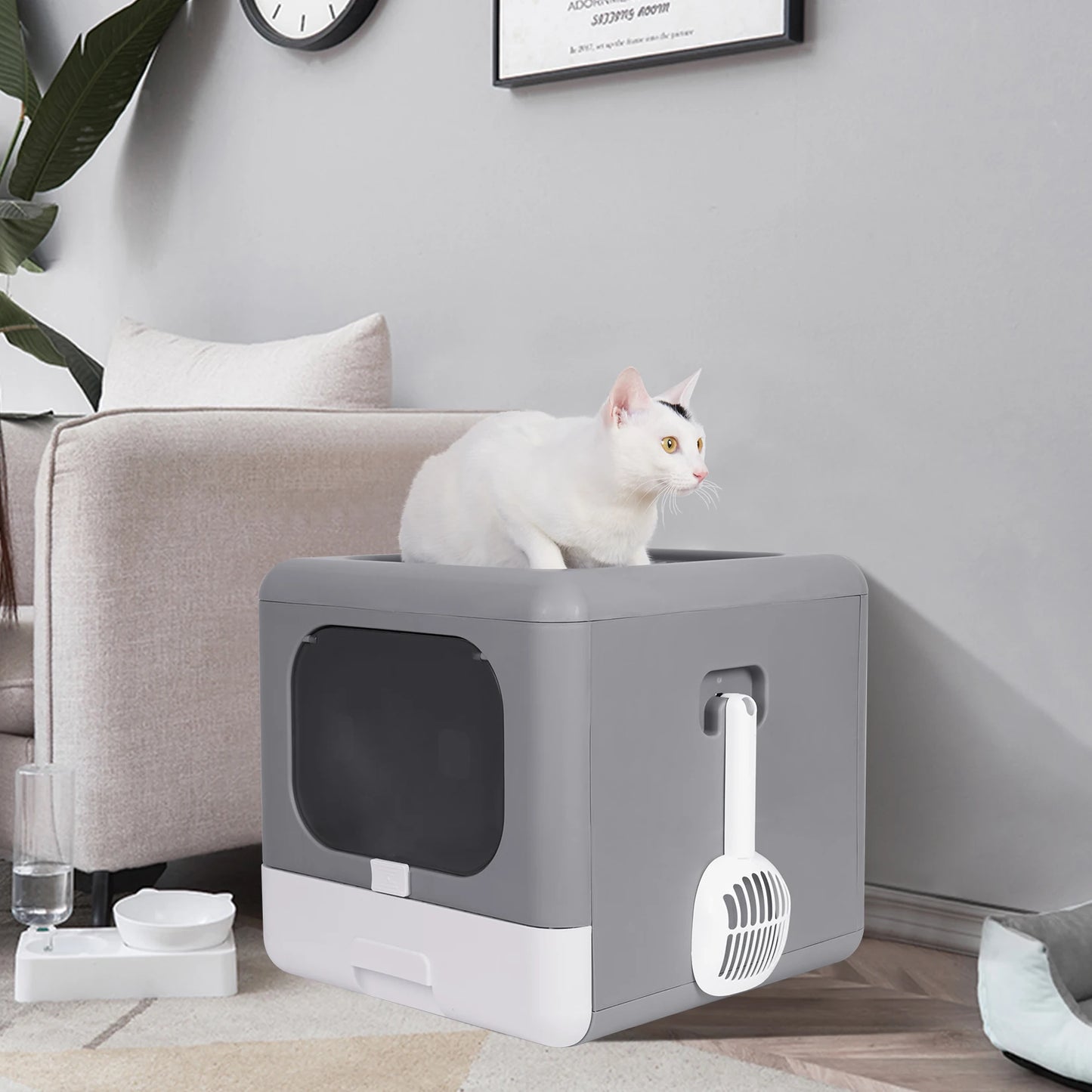 Bingopaw Cat Litter Box with Lid Enclosed Potty Large Top Entry Anti Splashing Toilet Easy to Clean with Litter Scoop