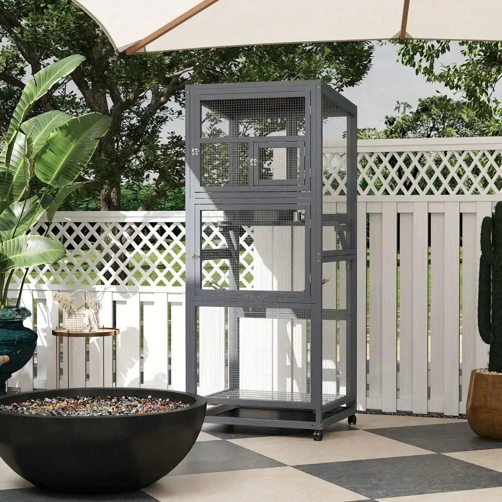 68 Inch Large Wood Bird Cage on Wheels Outdoor Aviary with Pull Out Tray