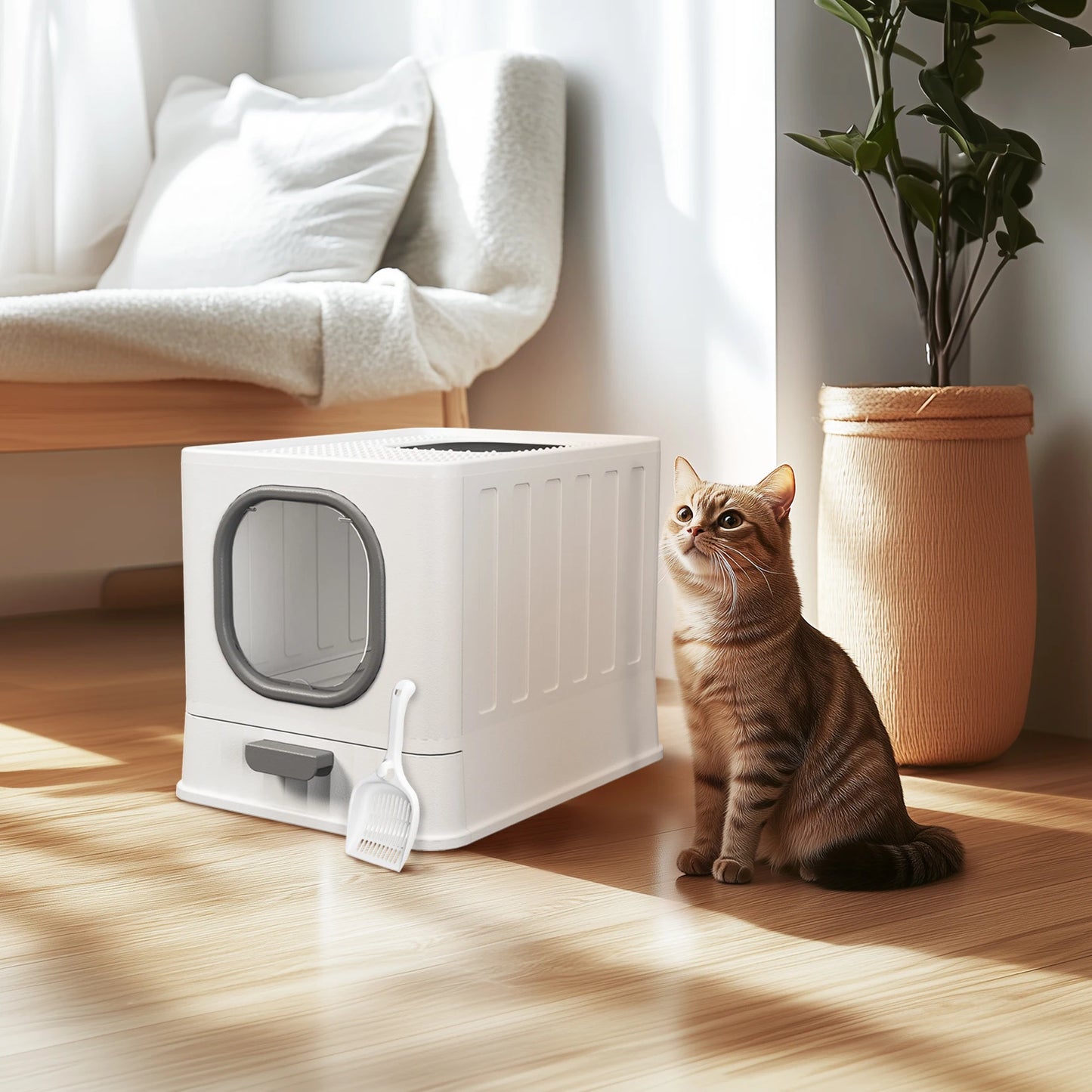 Bingopaw Cat Litter Box with Lid Enclosed Potty Large Top Entry Anti Splashing Toilet Easy to Clean with Litter Scoop