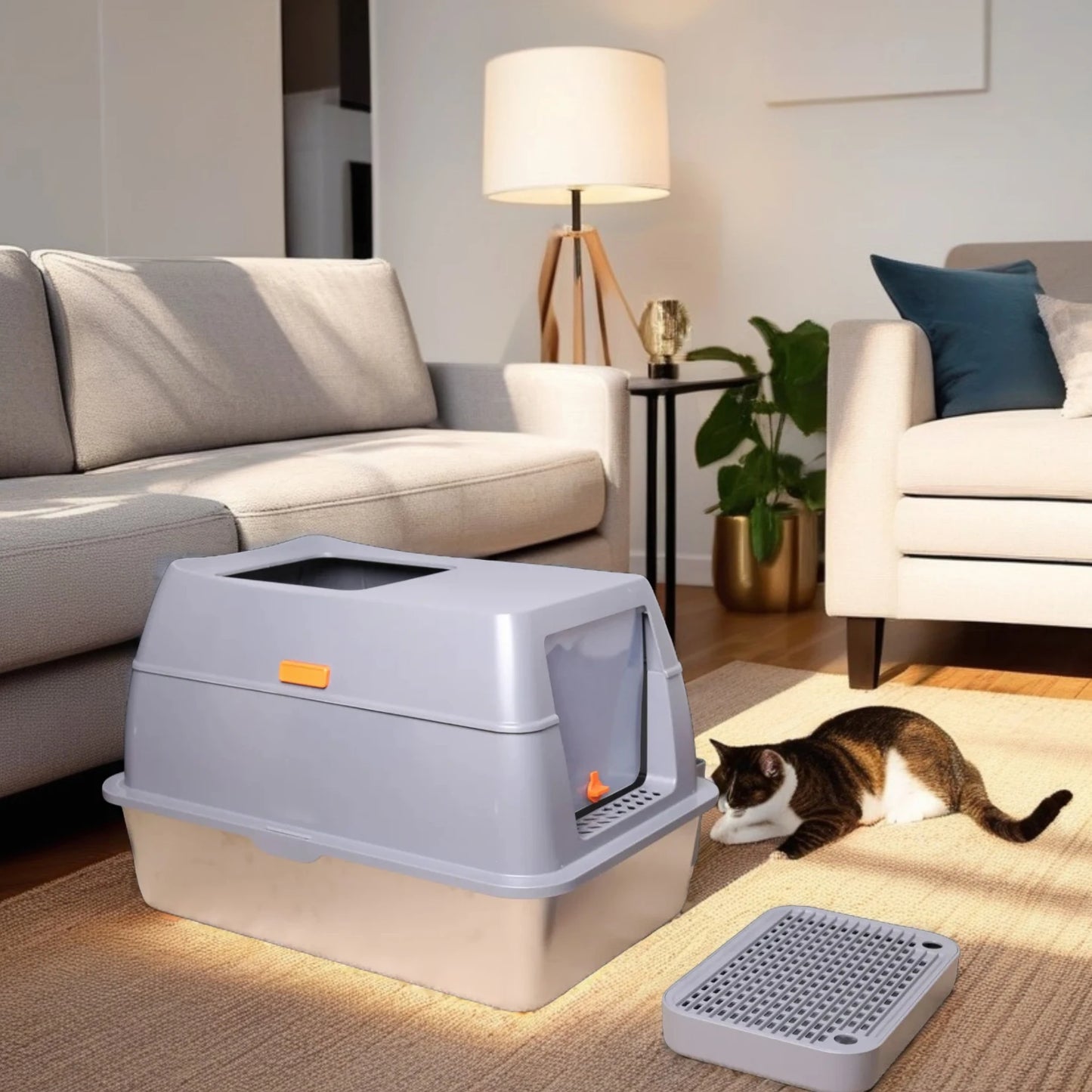 Bingopaw Cat Litter Box with Lid Enclosed Potty Large Top Entry Anti Splashing Toilet Easy to Clean with Litter Scoop