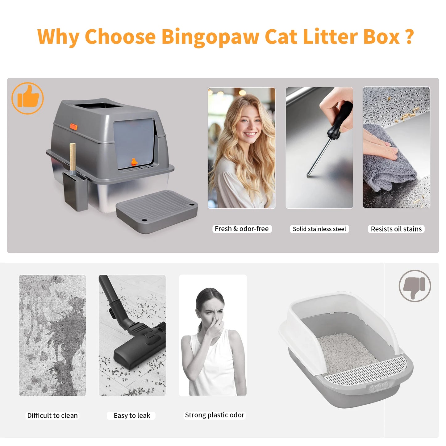 Bingopaw Cat Litter Box with Lid Enclosed Potty Large Top Entry Anti Splashing Toilet Easy to Clean with Litter Scoop