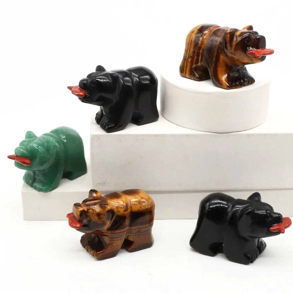 1.6" Natural Crystal Bear With Fish Figurine Healing Reiki Gemstone Carving Animal Statue Small Home Decoration Present Souvenir
