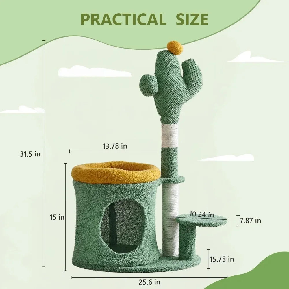 32 Inch Cat Tree with Cactus Cat Scratching Post Cozy Cat House for Indoor Cats Green