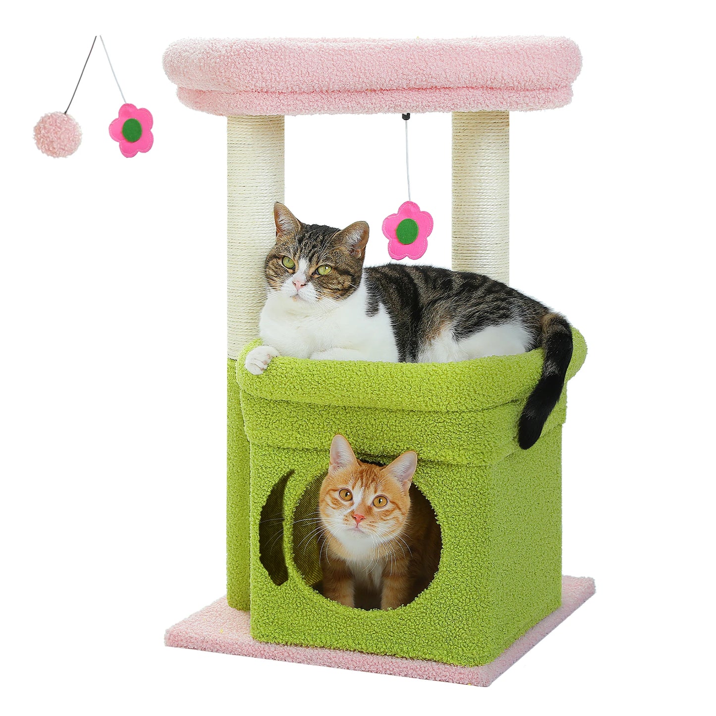 H228cm Cat Tree Toy Condo Multi-Layer Climbing Tower with Hammock Solid Wood Post for Cats