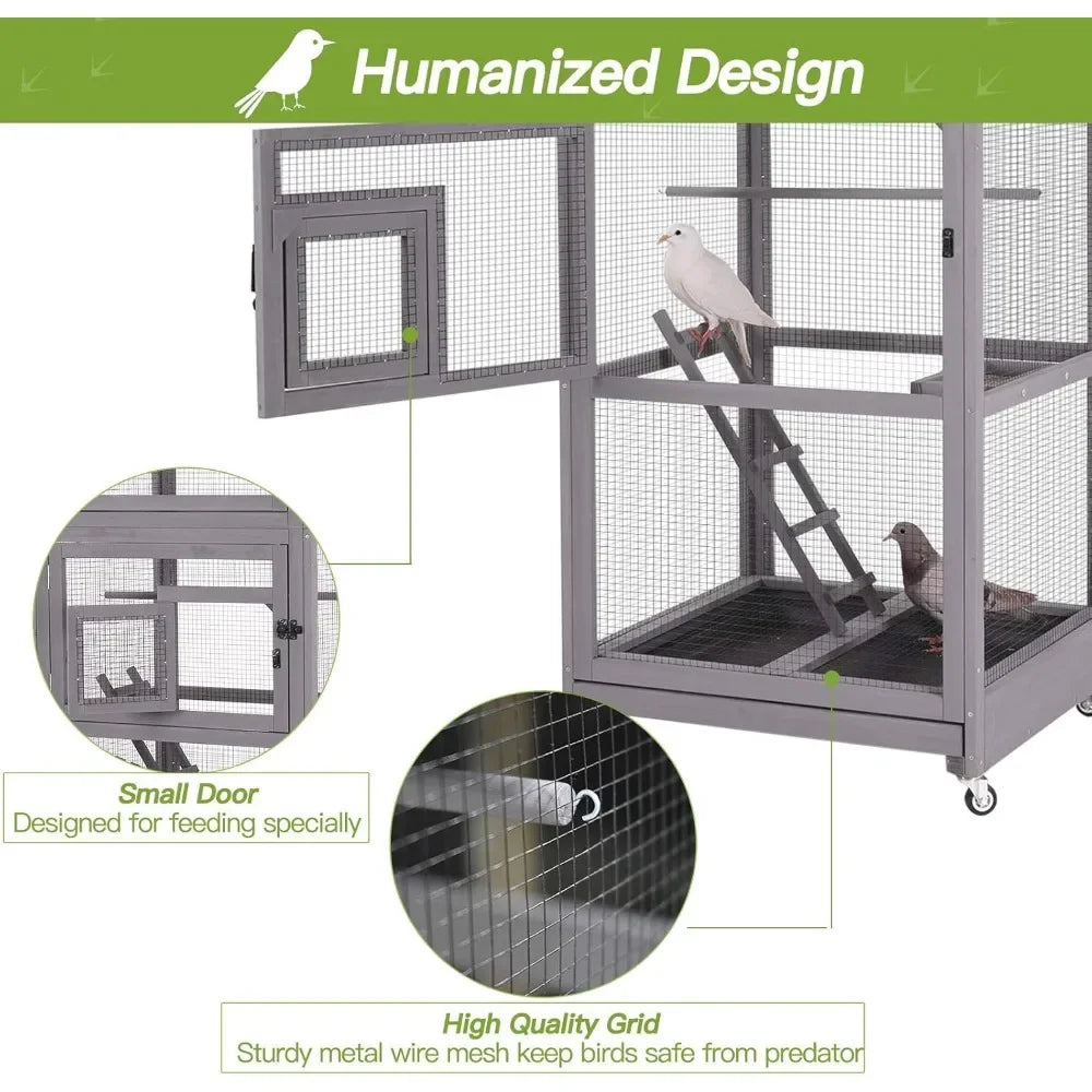 Outdoor Bird Aviary, Wooden Large Bird Cage on Wheels, Play Stand, Perches, Nest Habitat, Wire Mesh Included for Spacious Living