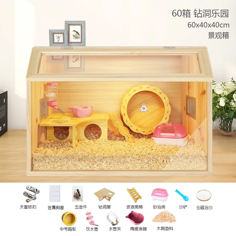 Wooden Hamster Cage Luxury Villa With Hideout Lock