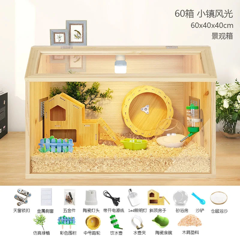 Wooden Hamster Cage Luxury Villa With Hideout Lock