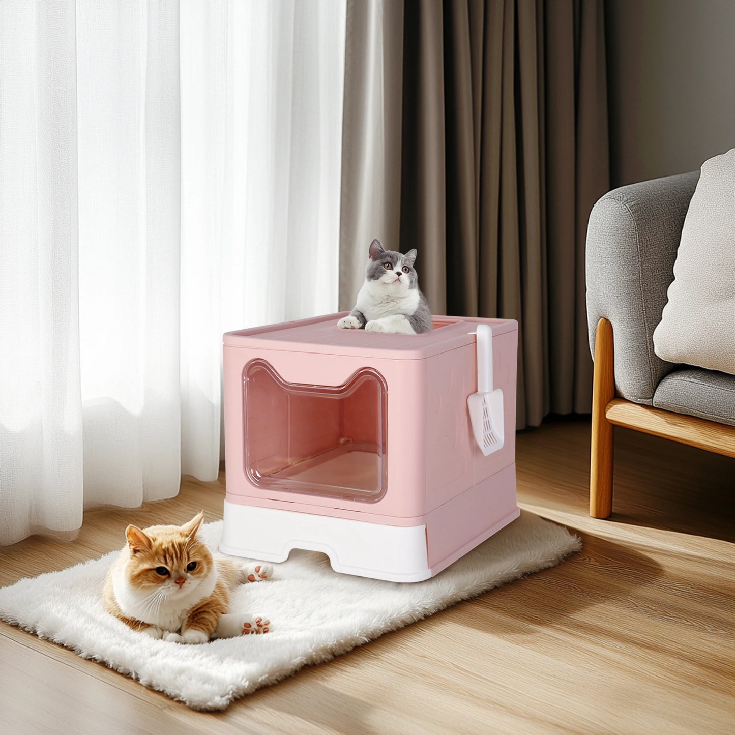 Bingopaw Cat Litter Box with Lid Enclosed Potty Large Top Entry Anti Splashing Toilet Easy to Clean with Litter Scoop