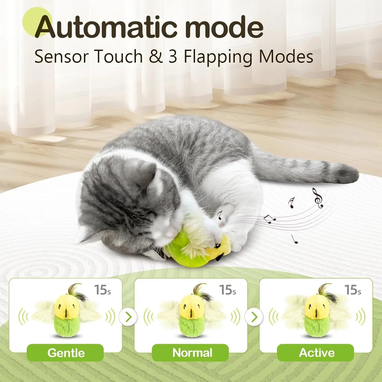 Migipaws Interactive Flapping Bird Cat Toys with Rod, clamp, Elastic String and Catnip, A