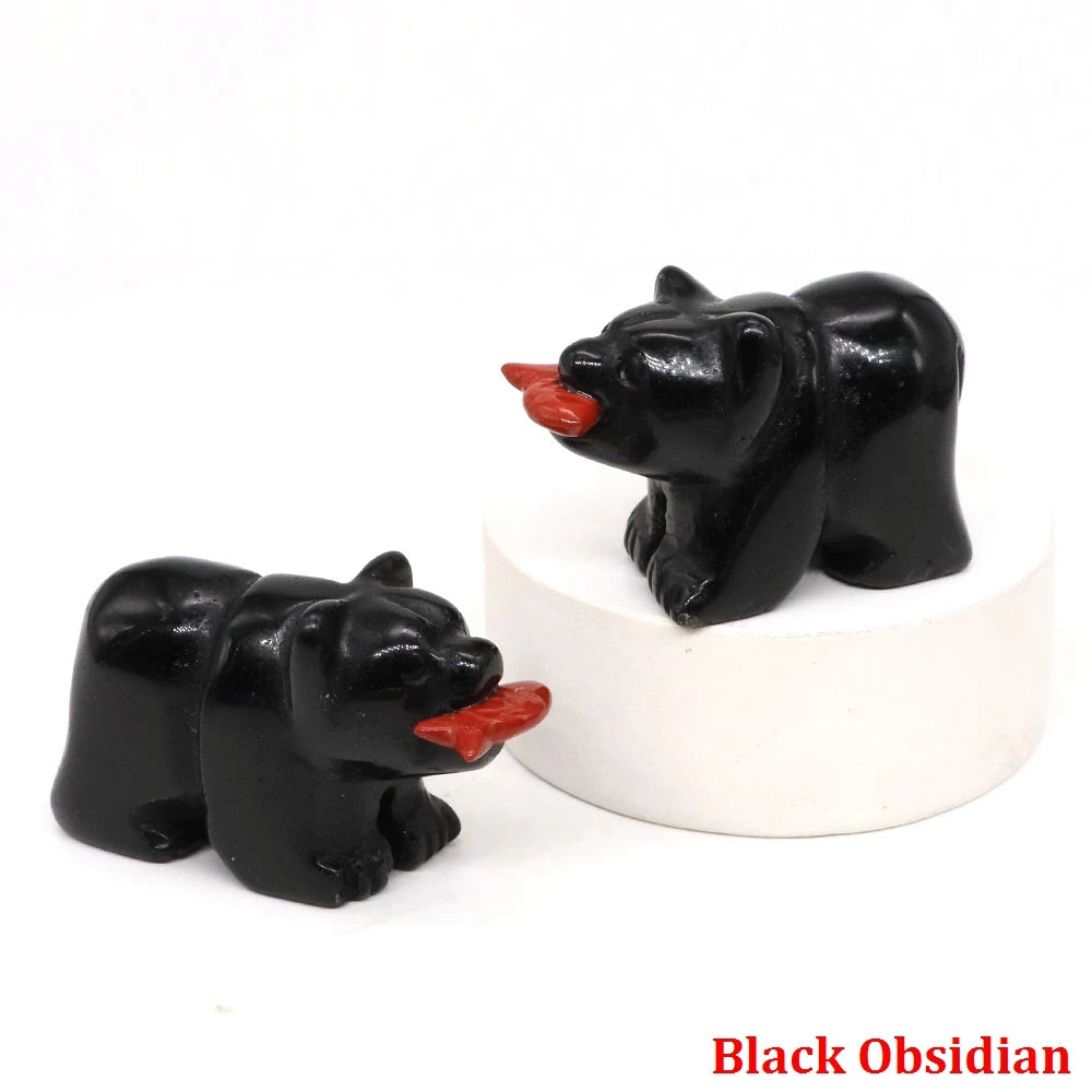 1.6" Natural Crystal Bear With Fish Figurine Healing Reiki Gemstone Carving Animal Statue Small Home Decoration Present Souvenir
