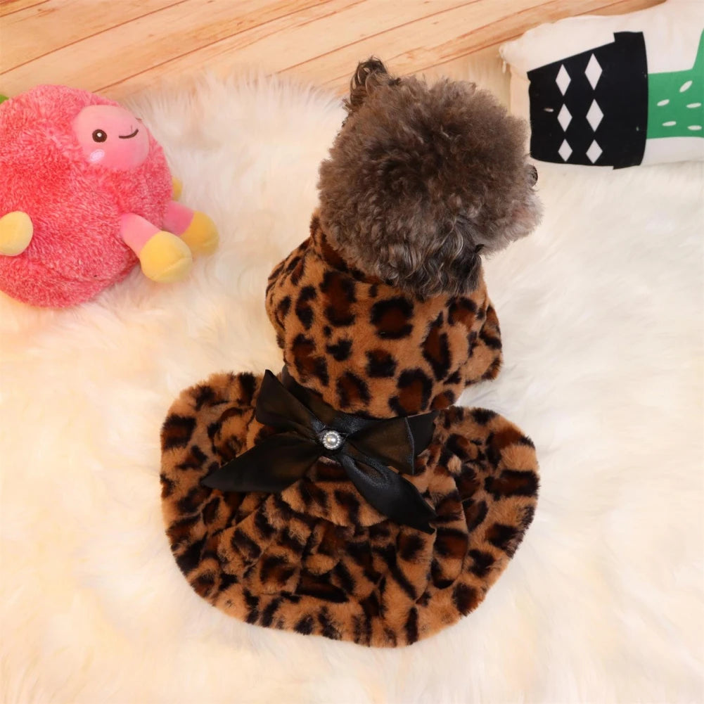 Winter Autumn Pet Warm Fashion Skirt Fleece Rainbow Candy Color Cute Plush Leopard Print Bow Dog Dress