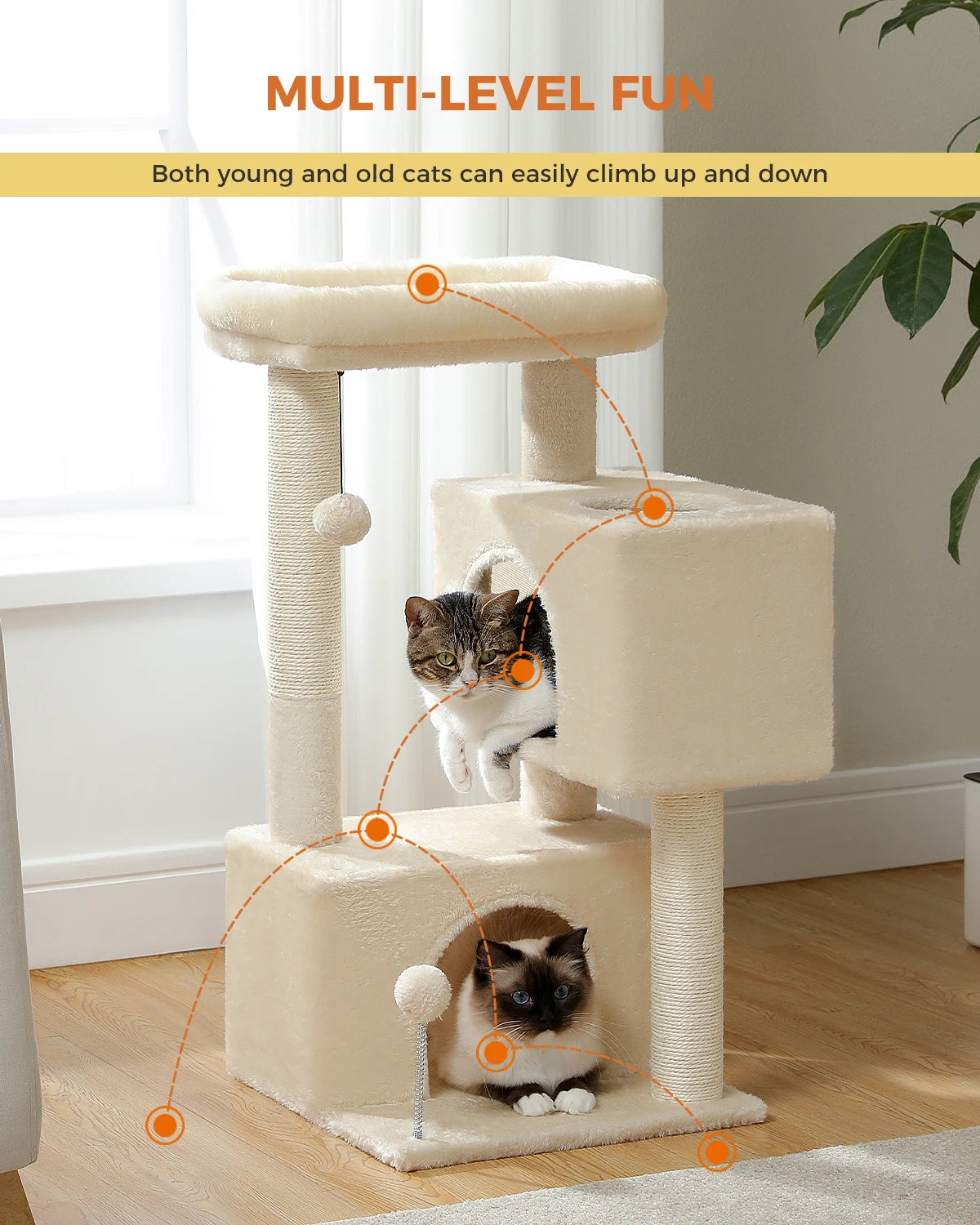 Cat Tree for Large Cats Indoor Cat Tower up to 10kg with 2 Large Condos Scratching Posts and Large Perch