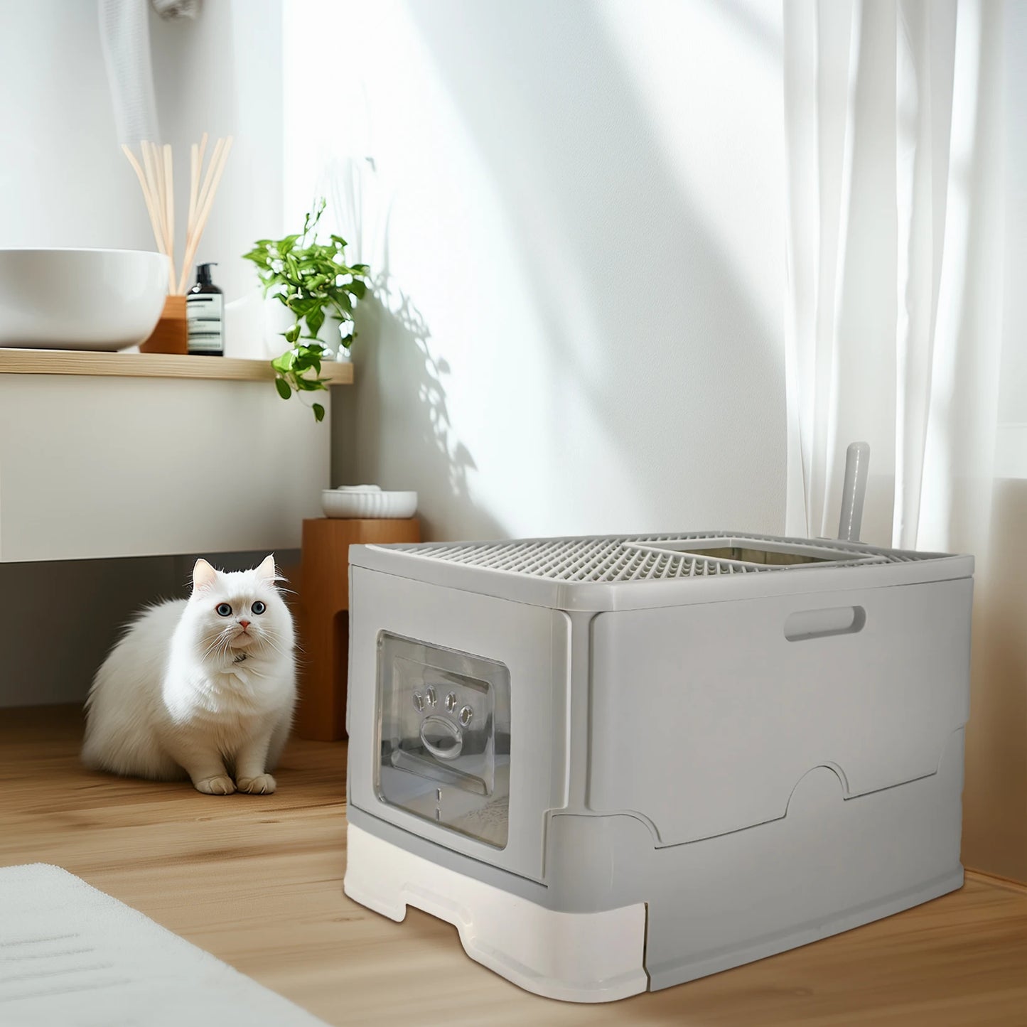 Bingopaw Cat Litter Box with Lid Enclosed Potty Large Top Entry Anti Splashing Toilet Easy to Clean with Litter Scoop