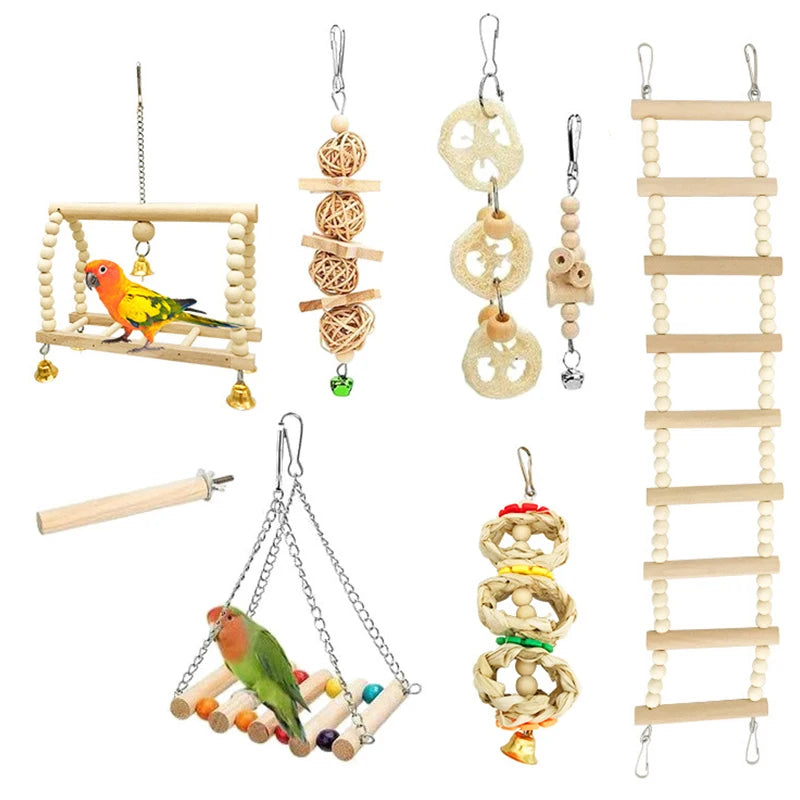 8 Pieces Combination Parrot Bird Toys Natural Wood Swing Perch Climb Toys for Bird Cage Pet Supplies