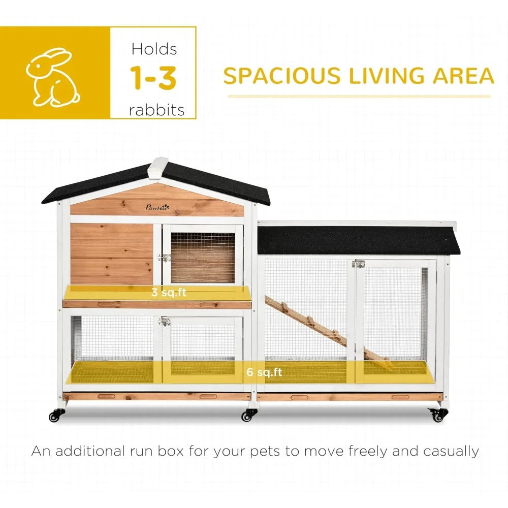 62 Inch Rabbit Hutch Wooden Bunny Hutch Guinea Pig Cage Small Animal Enclosure with Wheels Run Area Removable Tray Asphalt Roof