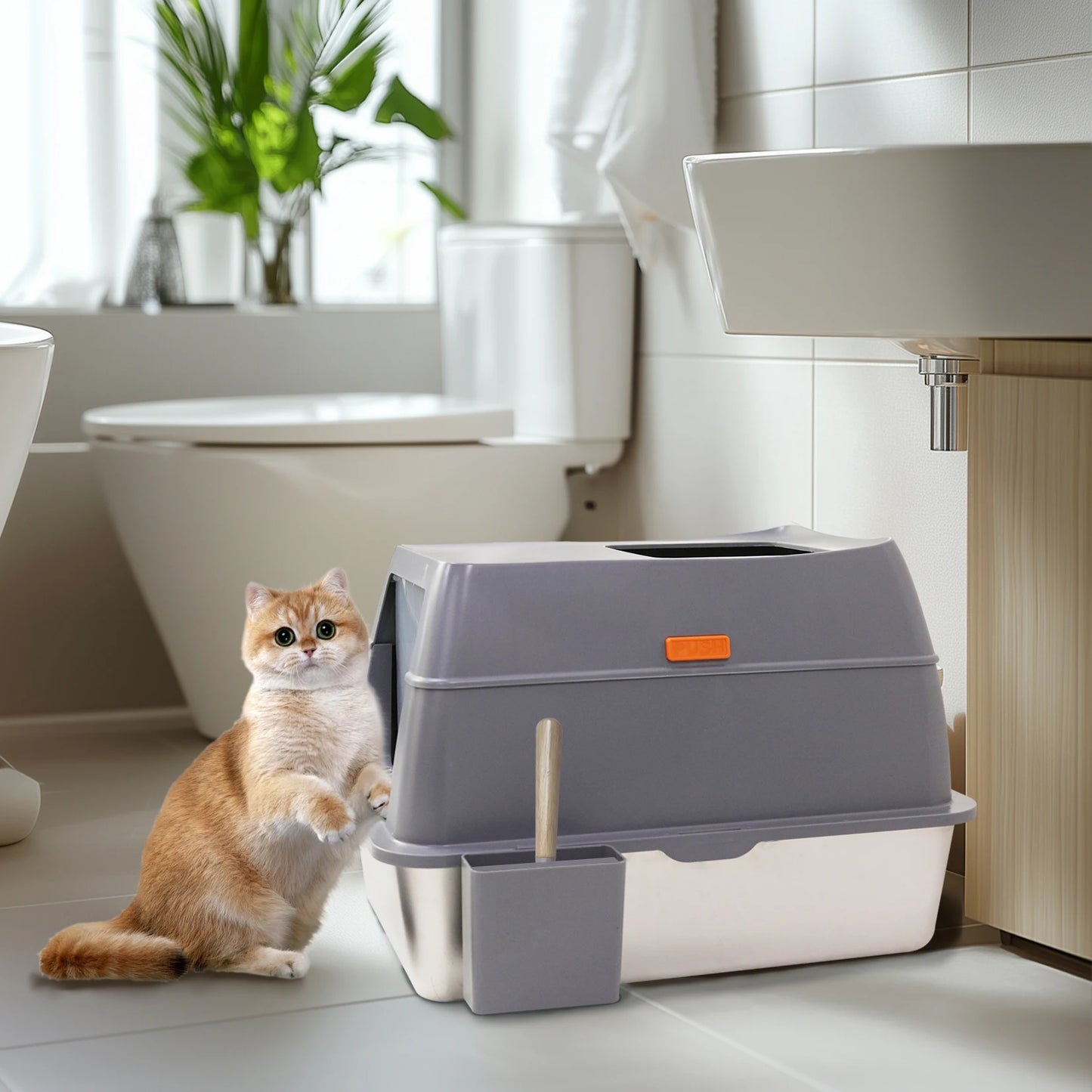 Bingopaw Cat Litter Box with Lid Enclosed Potty Large Top Entry Anti Splashing Toilet Easy to Clean with Litter Scoop