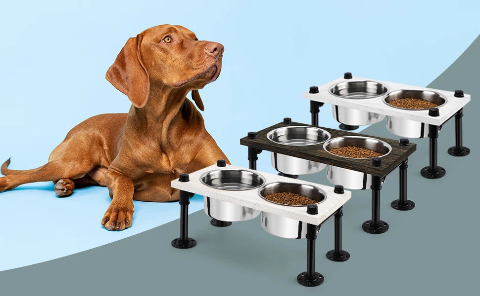 Raised Dog Bowl Stand for Large Dogs | Farmhouse Feeder w/ 2 Stainless Bowls | Waterproof Wood Board & Rustic Brown Design