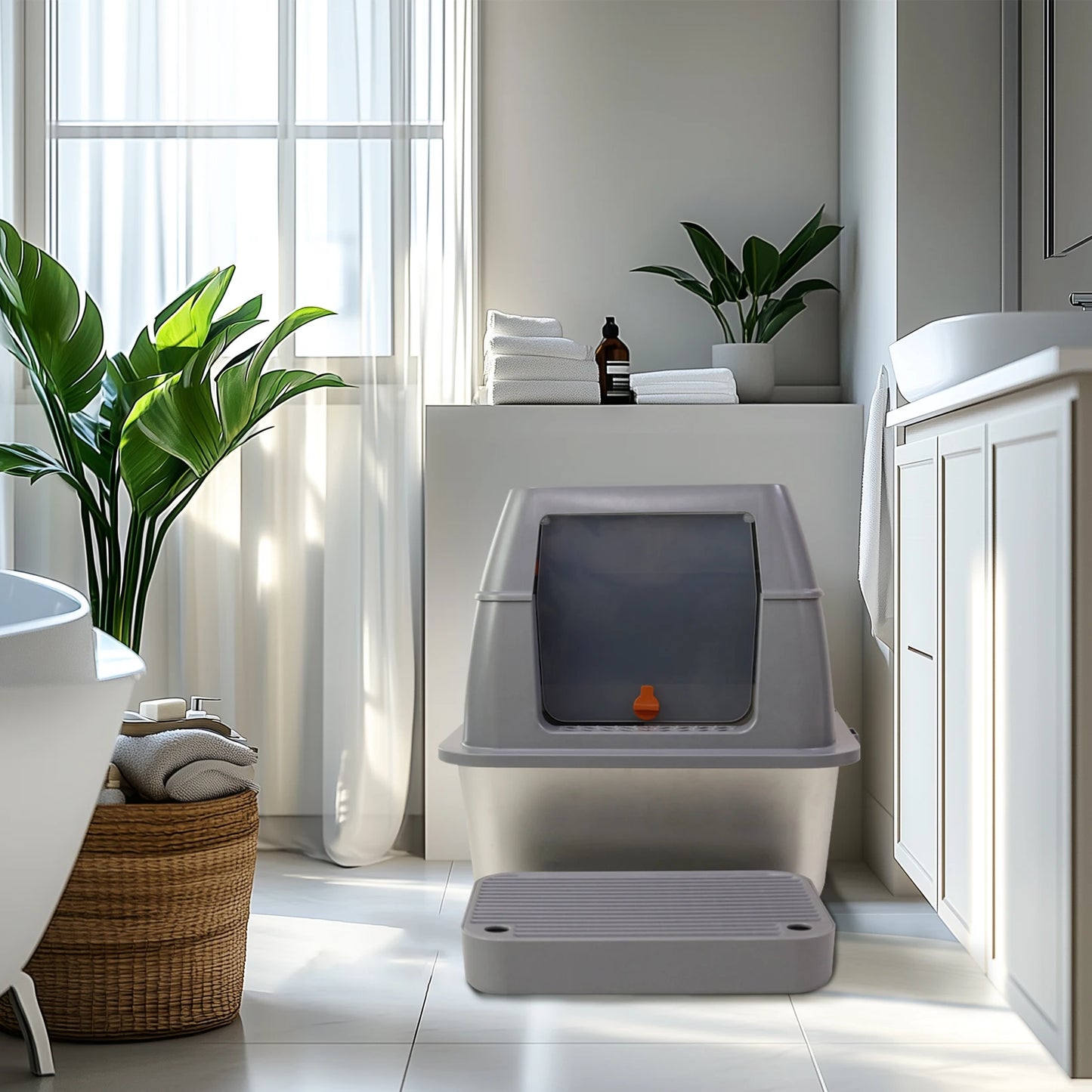 Bingopaw Cat Litter Box with Lid Enclosed Potty Large Top Entry Anti Splashing Toilet Easy to Clean with Litter Scoop