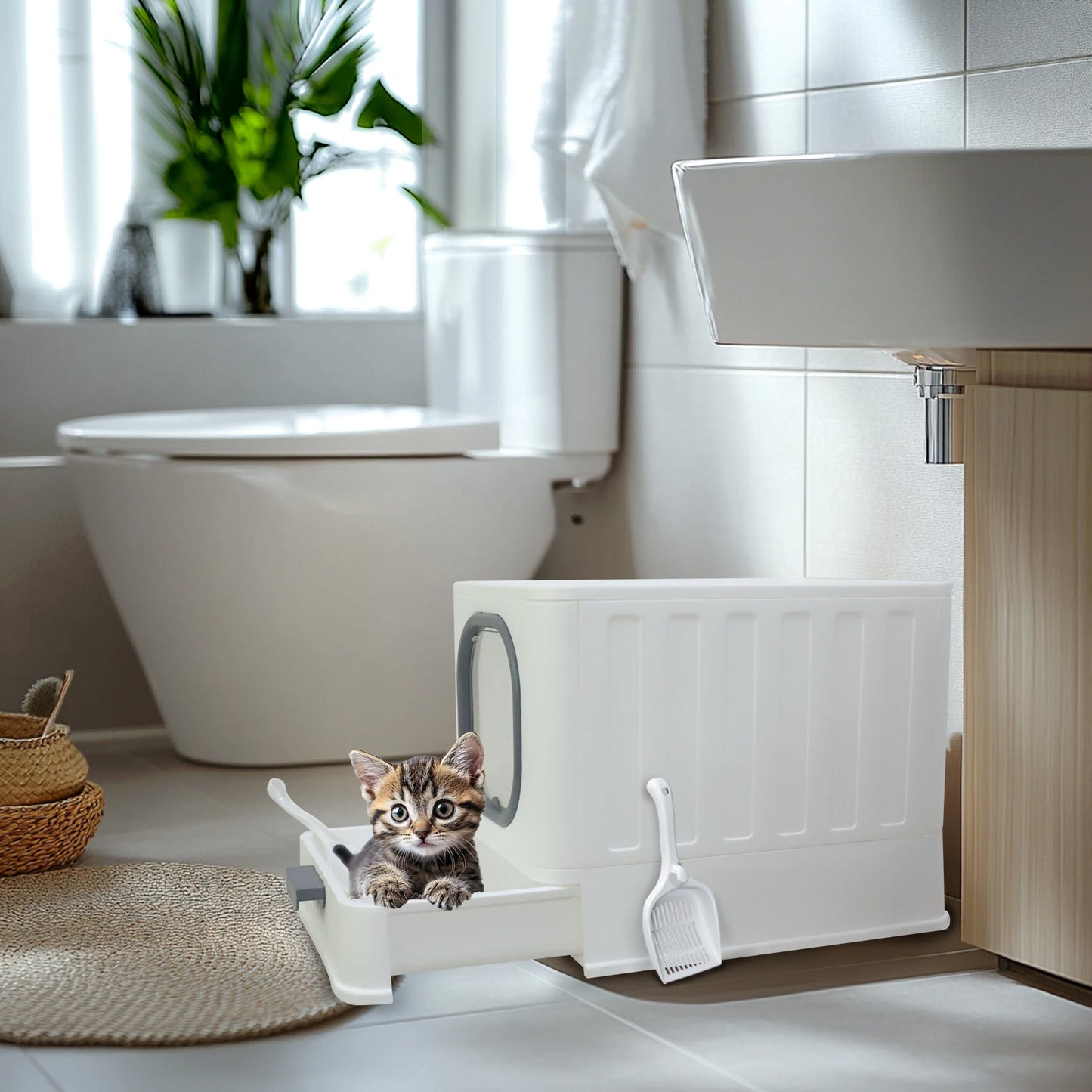 Bingopaw Cat Litter Box with Lid Enclosed Potty Large Top Entry Anti Splashing Toilet Easy to Clean with Litter Scoop