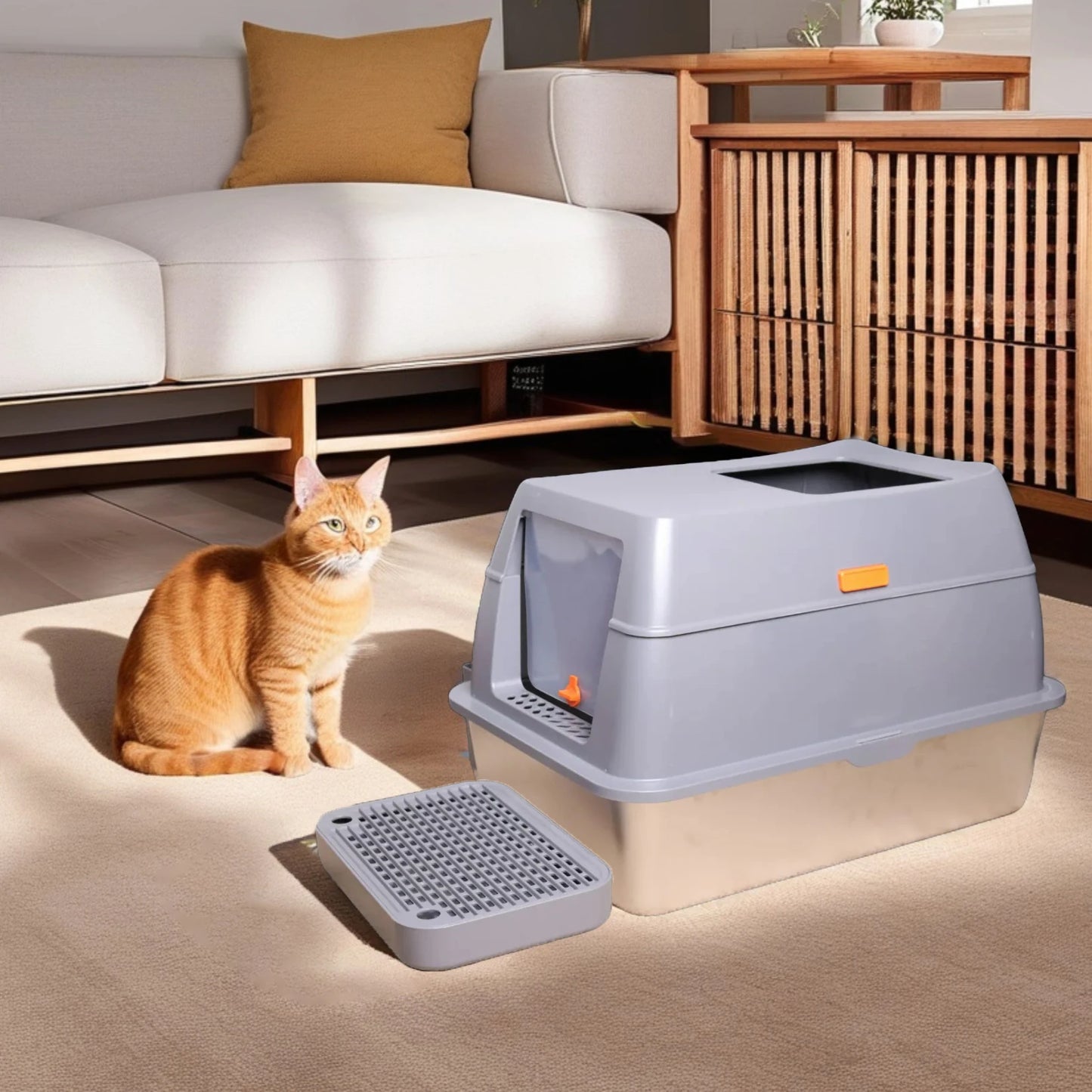 Bingopaw Cat Litter Box with Lid Enclosed Potty Large Top Entry Anti Splashing Toilet Easy to Clean with Litter Scoop
