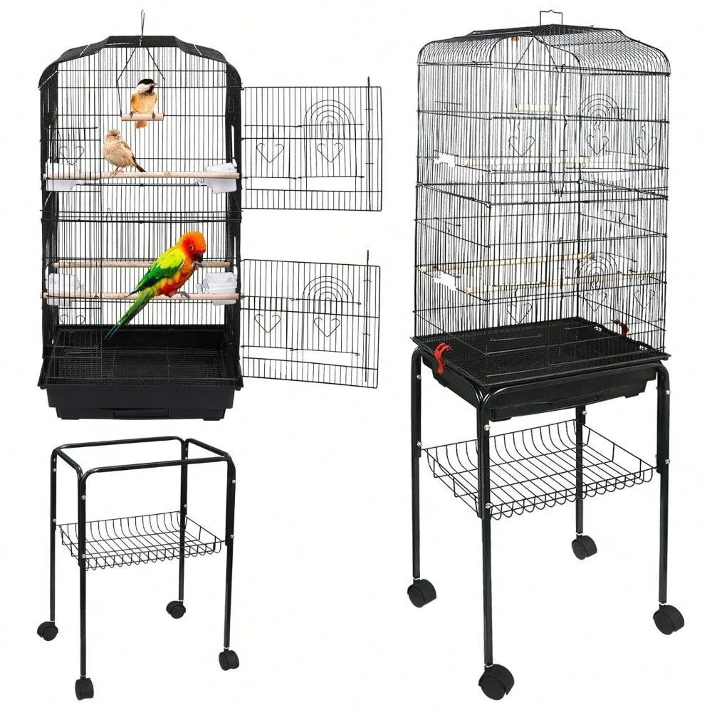 59 Inch Tall Rolling Bird Cage for Cockatiel Parakeet Finch Canary with Stand and Tray