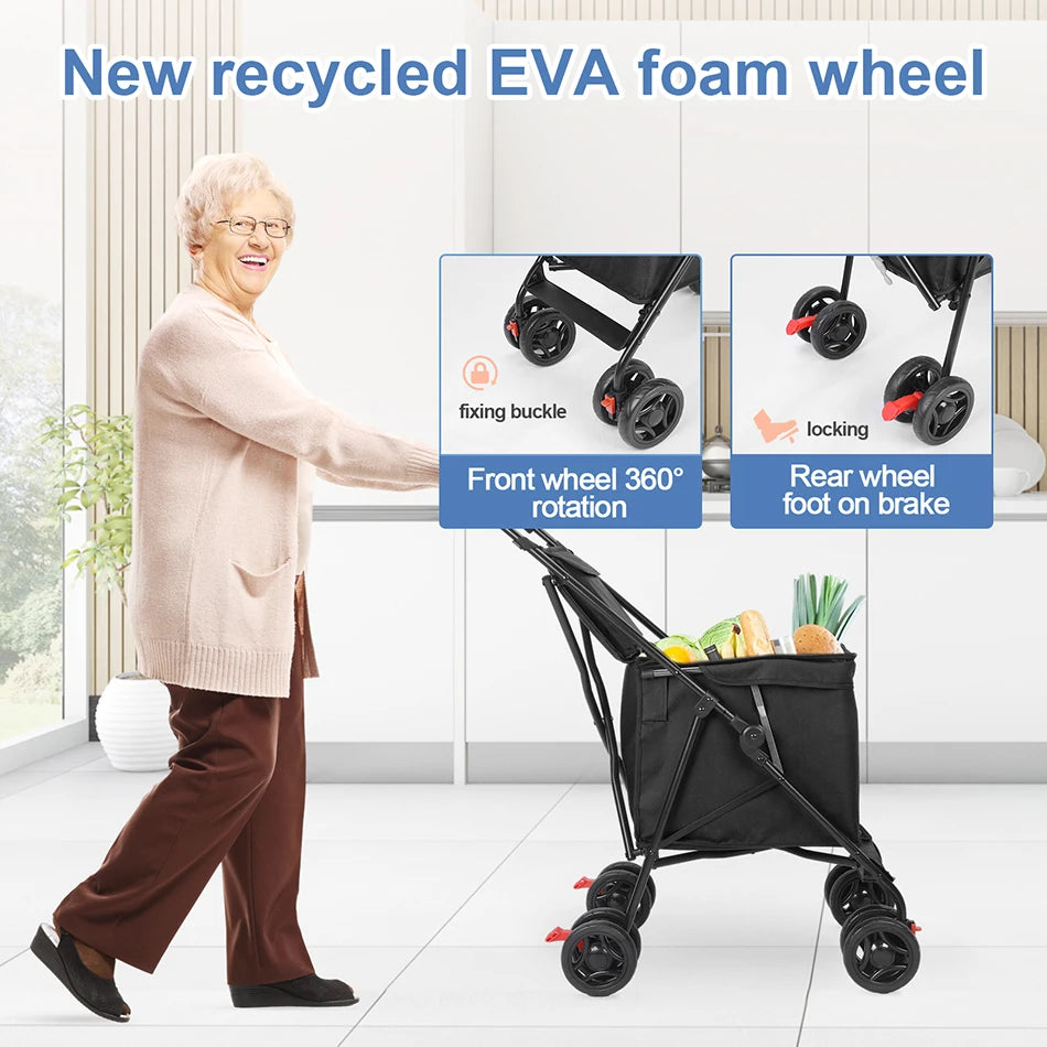 Shopping Cart Folding Portable Durable Lightweight Market Purchase Bag Trolley with 4 Wheels,Pet Stroller,For Picnic