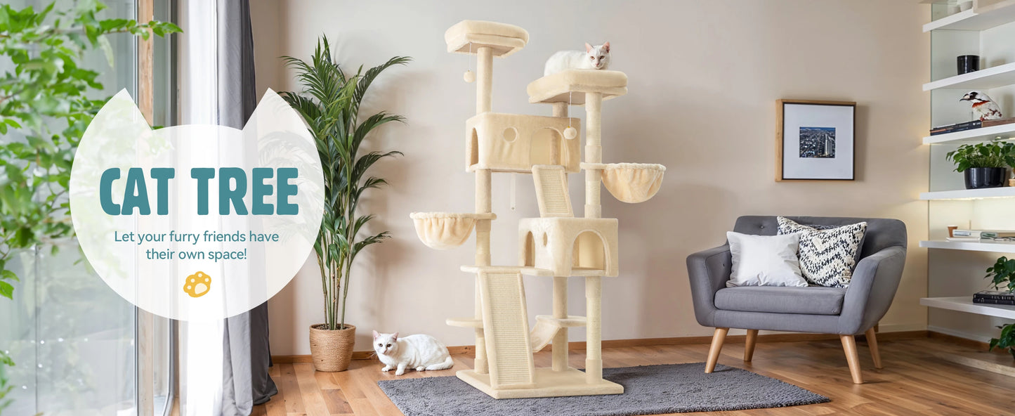 Hoomic 65 Inch Multi Level Large Cat Tree Tower Cozy Plush Cat Perches Cat Condo with Baskets Sisal Scratching Post