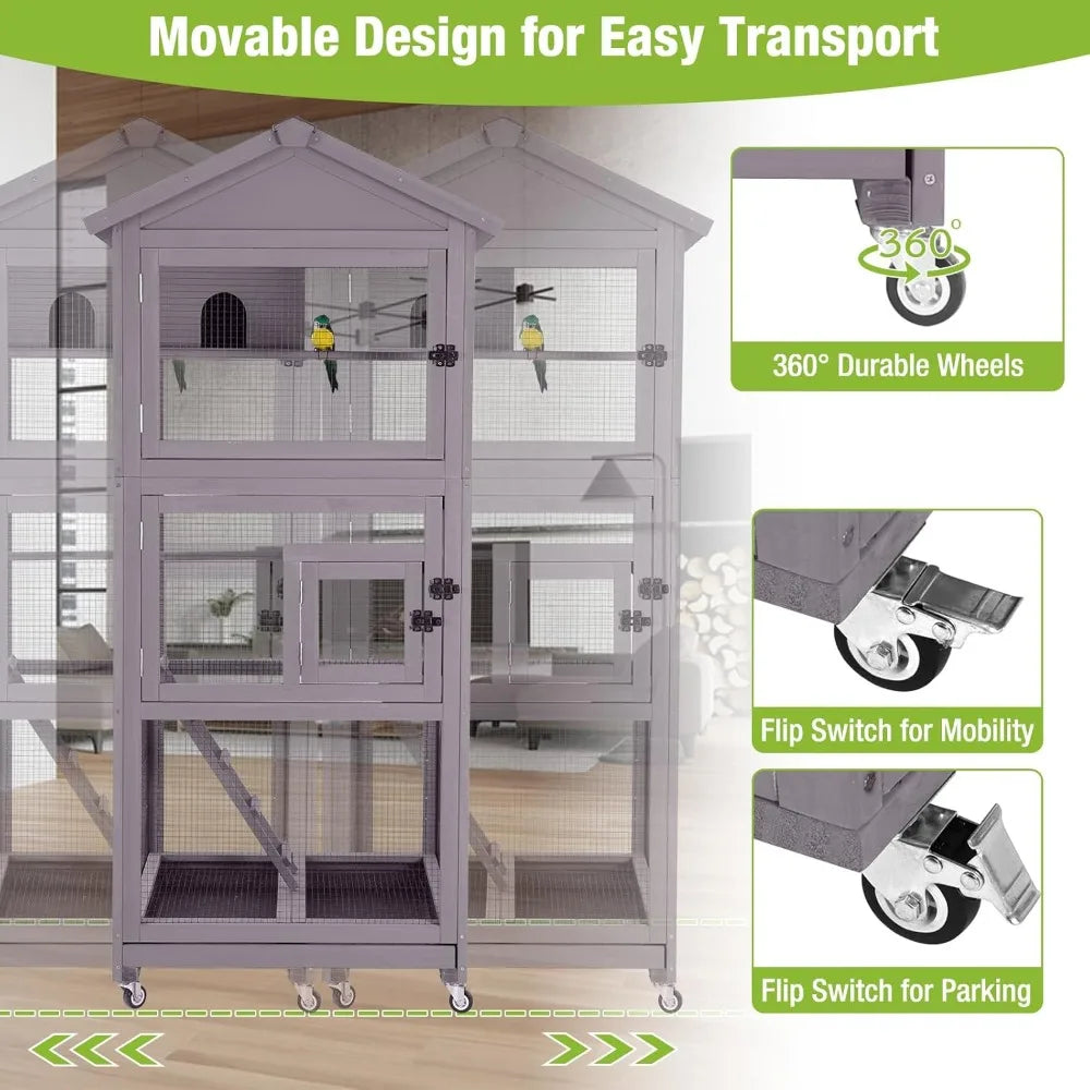Bird Cage Outdoor Wooden Aviary Indoor 70 Inch Large Parrot Cage with 4 Casters Flight Bird Cages for Parrot Lovebirds Finches