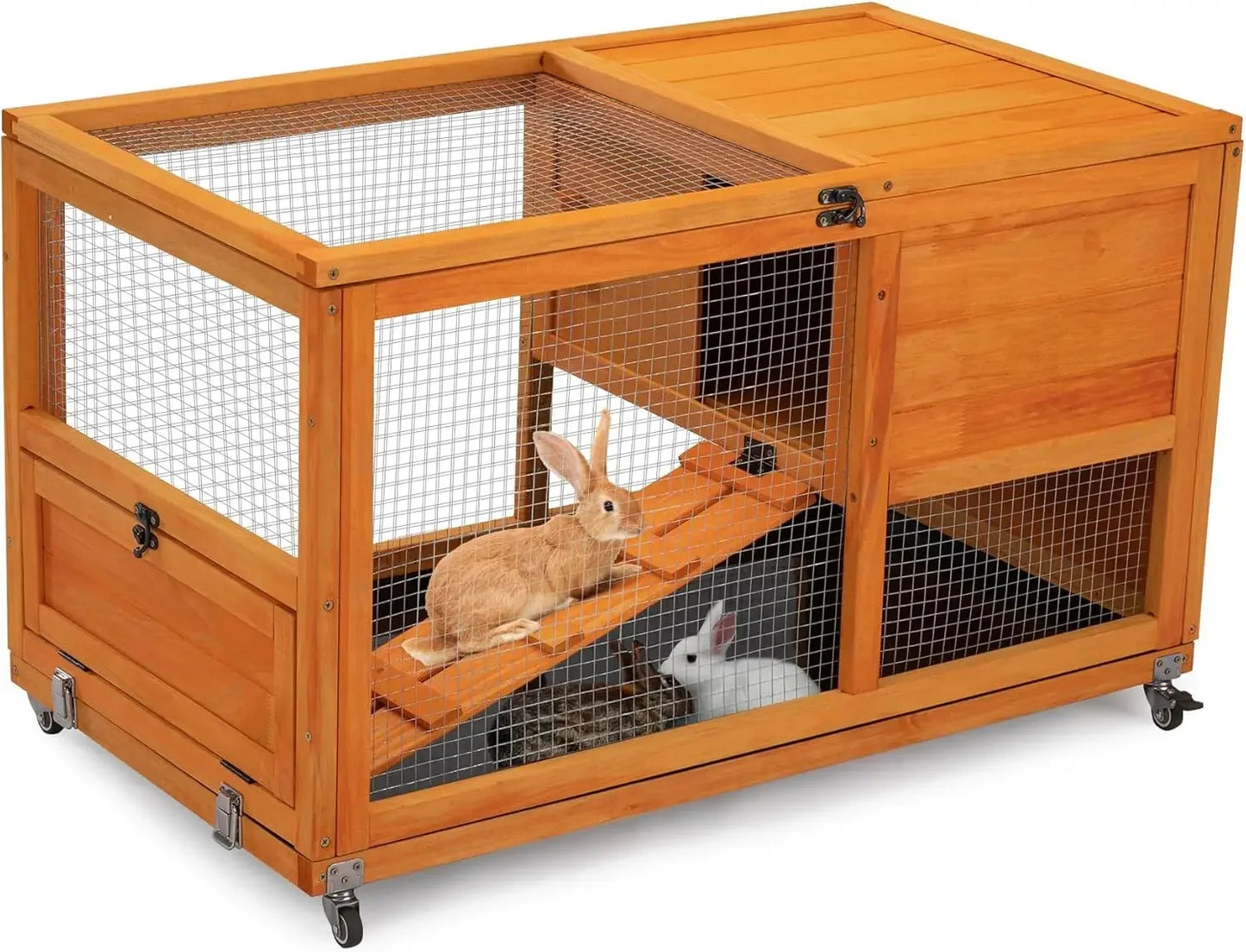 Fashionable Wood 36 Inch Rabbit Hutch Indoor on Wheels Bunny Cage Outdoor Rabbit Cage with Clean Tray and Openable Roof