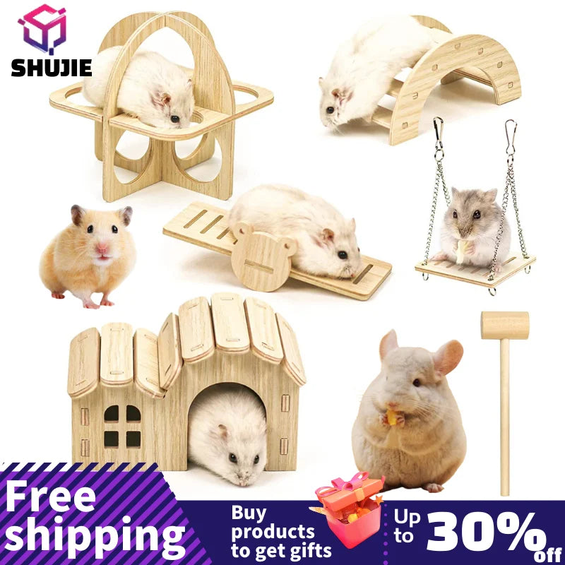 Pet Hamsters House DIY Wooden Gerbil Hideout Bridge Swing and Chinchilla Seesaw Pet Sport Exercise Toys Set Cage Accessories