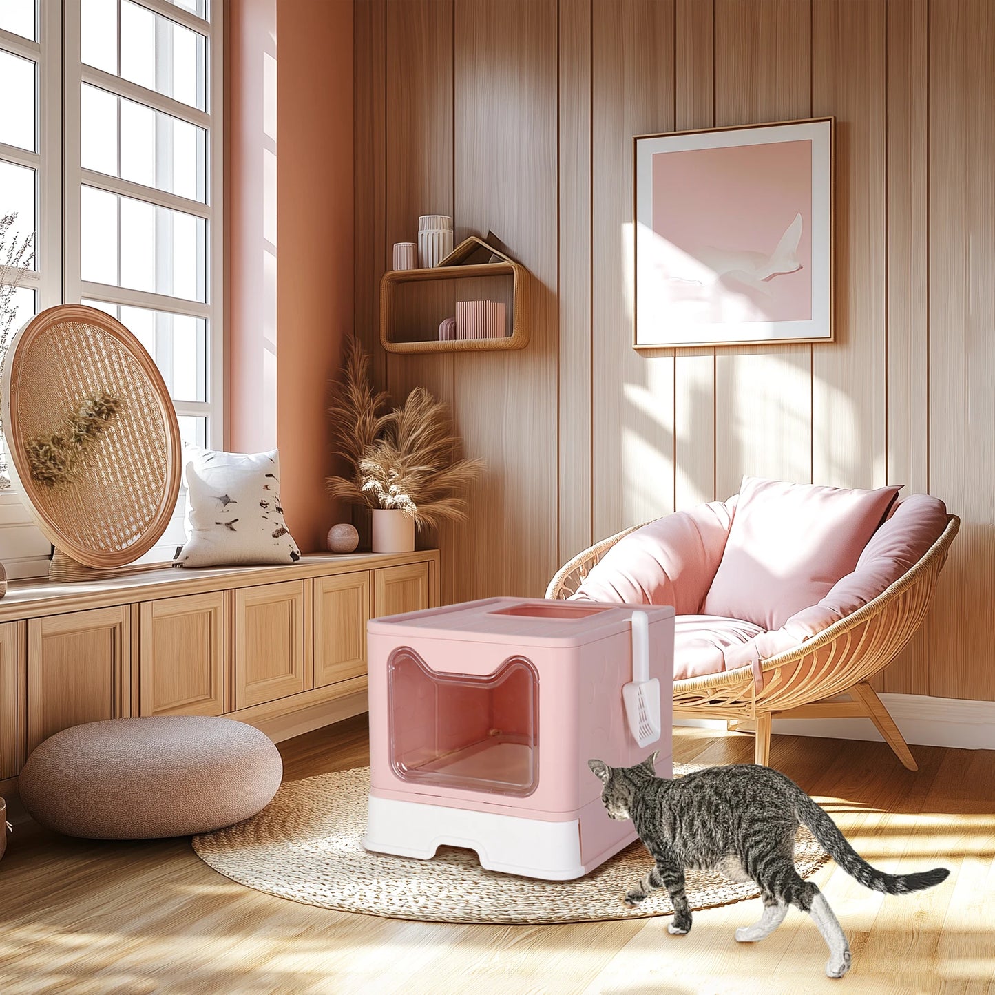 Bingopaw Cat Litter Box with Lid Enclosed Potty Large Top Entry Anti Splashing Toilet Easy to Clean with Litter Scoop