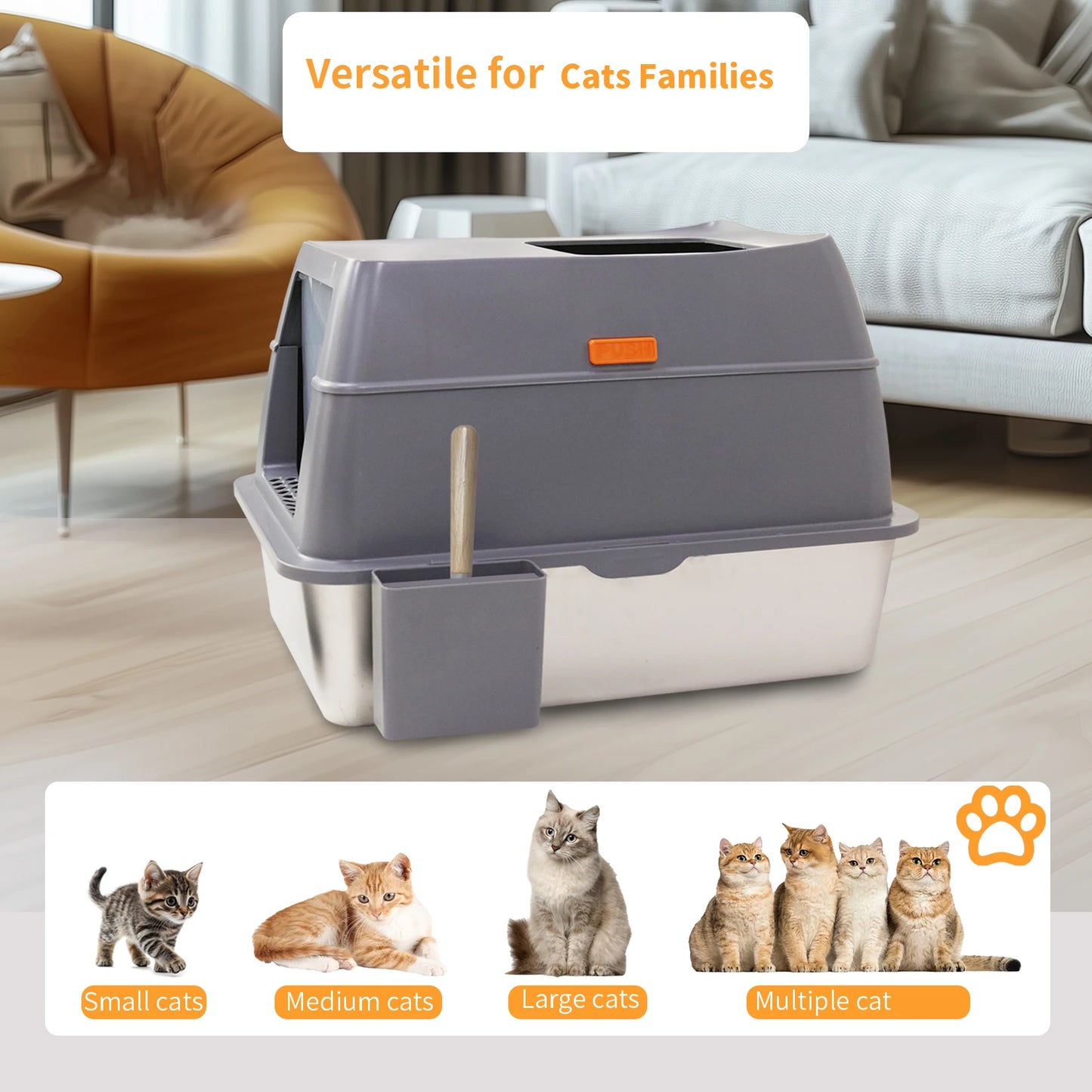 Bingopaw Cat Litter Box with Lid Enclosed Potty Large Top Entry Anti Splashing Toilet Easy to Clean with Litter Scoop