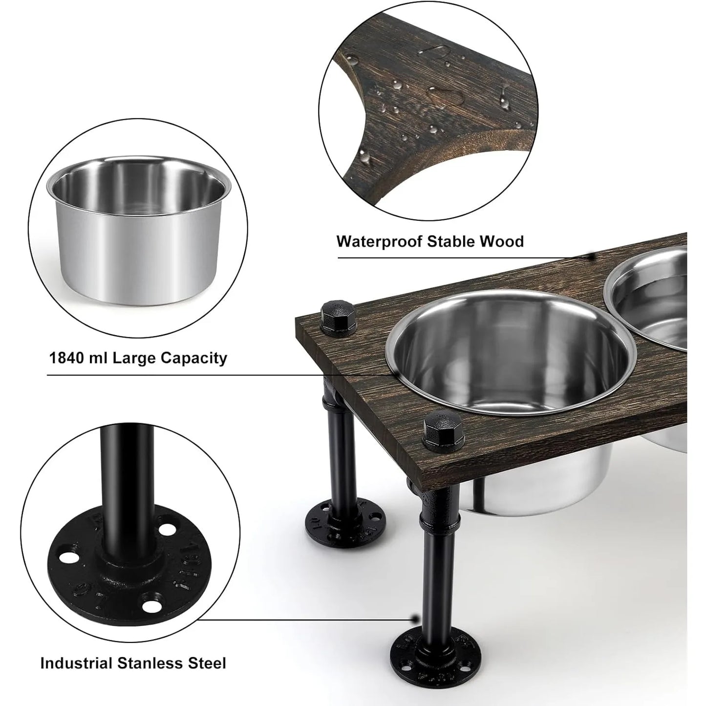 Raised Dog Bowl Stand for Large Dogs | Farmhouse Feeder w/ 2 Stainless Bowls | Waterproof Wood Board & Rustic Brown Design