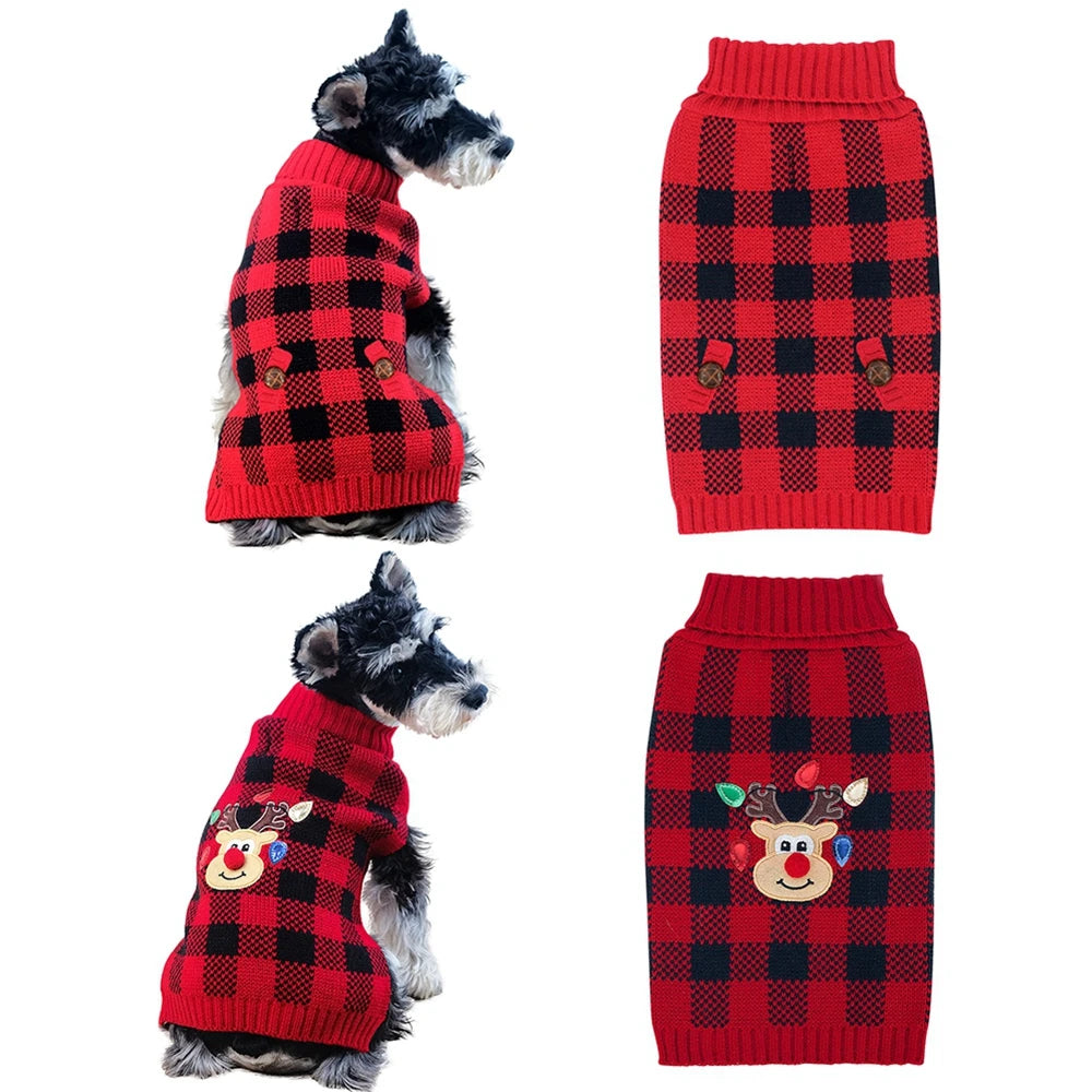 Plaid Pet Dog Sweaters Turtleneck Knitted Dogs Sweatshirt Warm Cats Puppy Winter Clothes for Small Medium Dogs Christmas Wearing