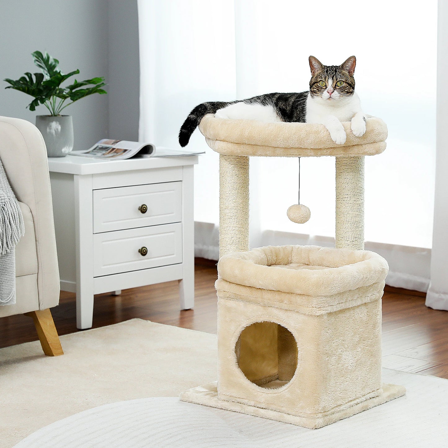 H228cm Cat Tree Toy Condo Multi-Layer Climbing Tower with Hammock Solid Wood Post for Cats