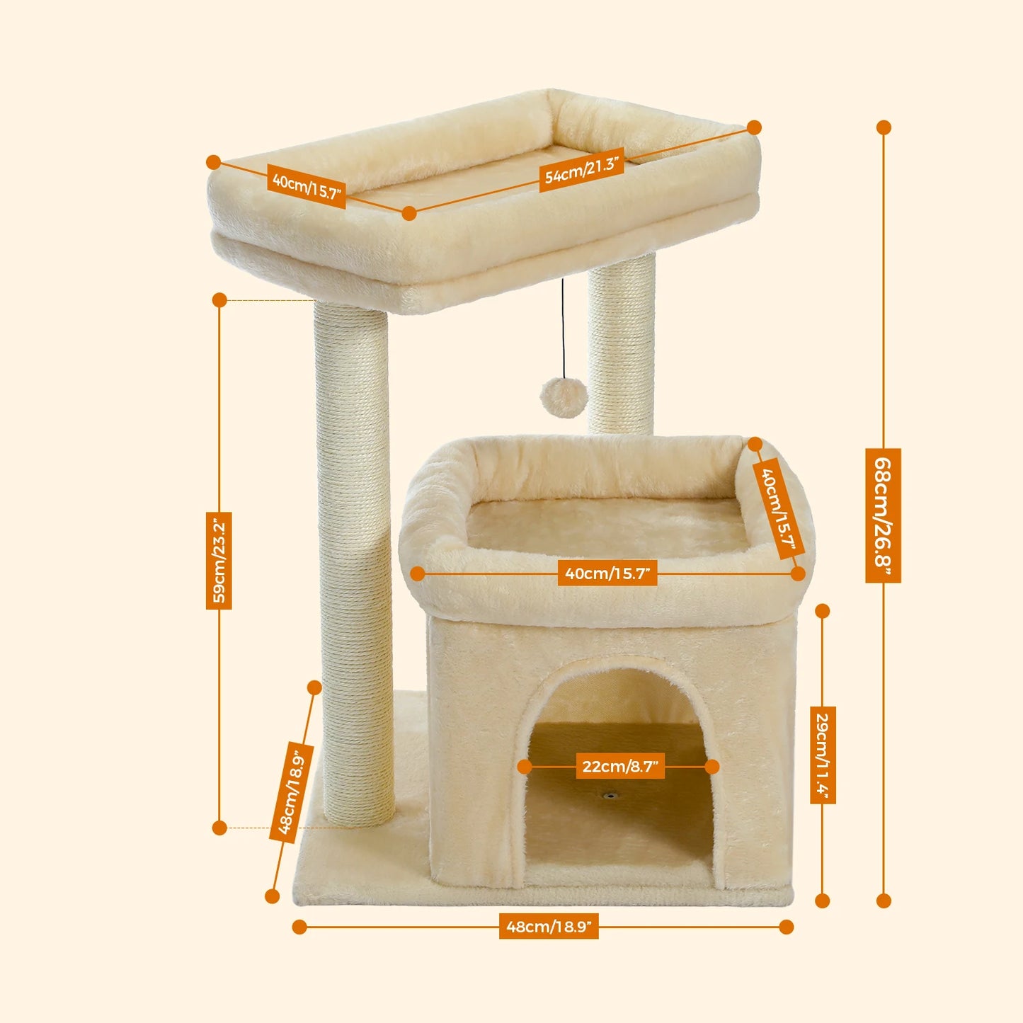H228cm Cat Tree Toy Condo Multi-Layer Climbing Tower with Hammock Solid Wood Post for Cats