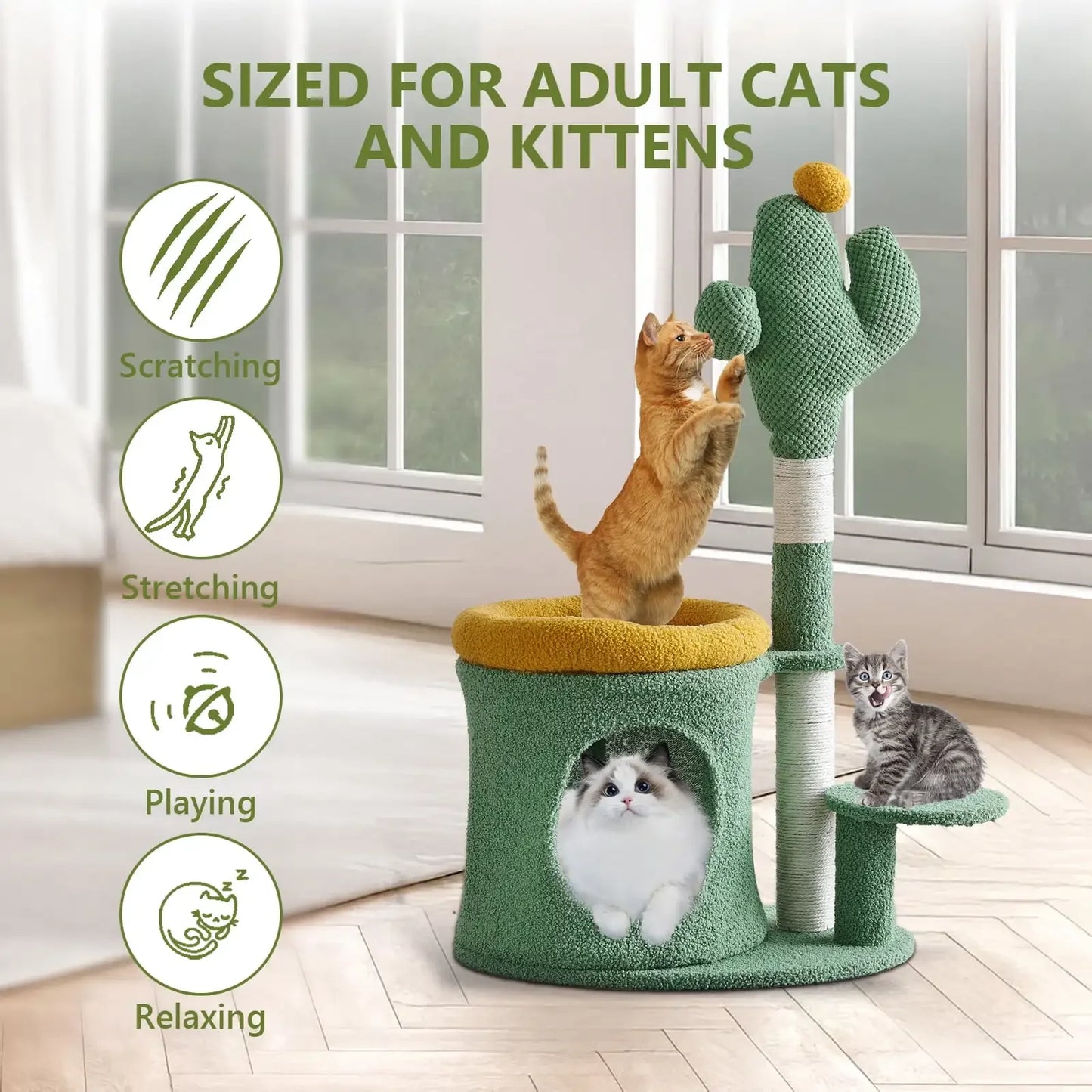 32 Inch Cat Tree with Cactus Cat Scratching Post Cozy Cat House for Indoor Cats Green