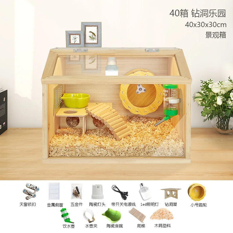 Wooden Hamster Cage Luxury Villa With Hideout Lock