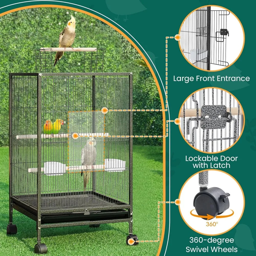 Wrought Iron Bird Cage w/Play Open Top and Rolling Stand for Small Birds Like Parrots Conure Lovebird Cockatie